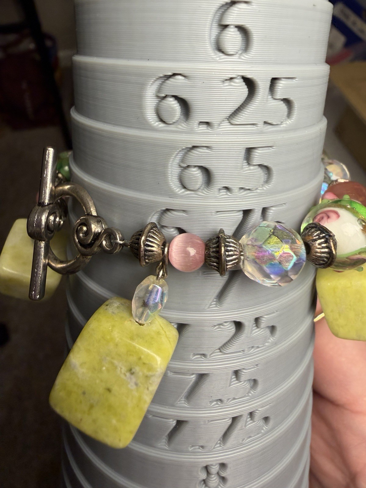 Artisan Lampwork Glass Necklace Bracelet Set Green Stone AB Crystal Floral