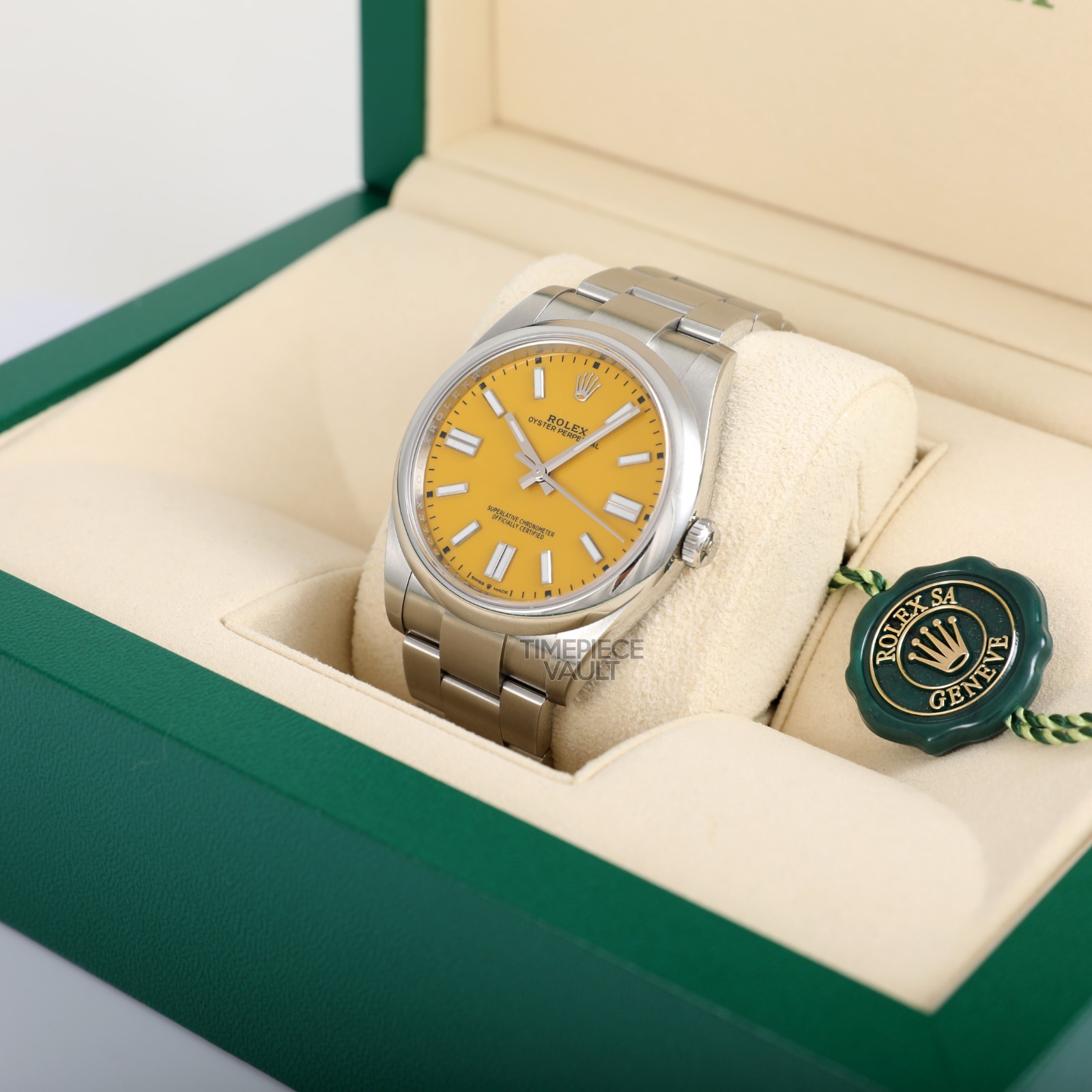 Rolex Men Oyster Perpetual 124300 Steel 41mm Watch Custom Yellow Index Dial B&P