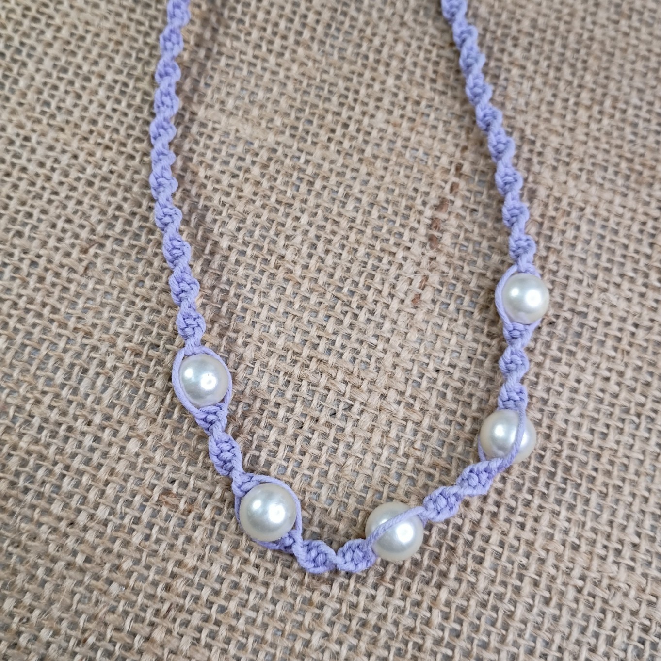 New Lavender Hemp Choker Necklace W/ Faux Pearl Beads 15 in Macrame Feminine
