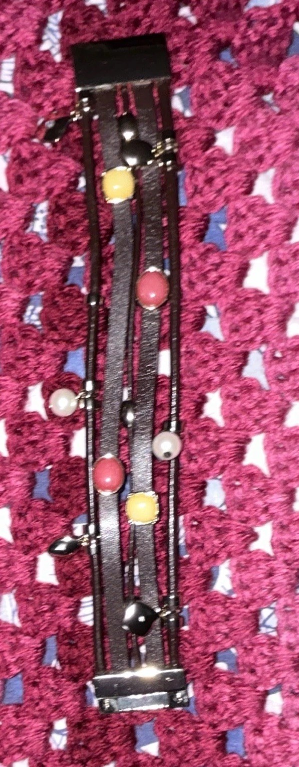 Multi-Strand Leather Cord Glass Bead Charm Bracelet, Brown/Multicolor