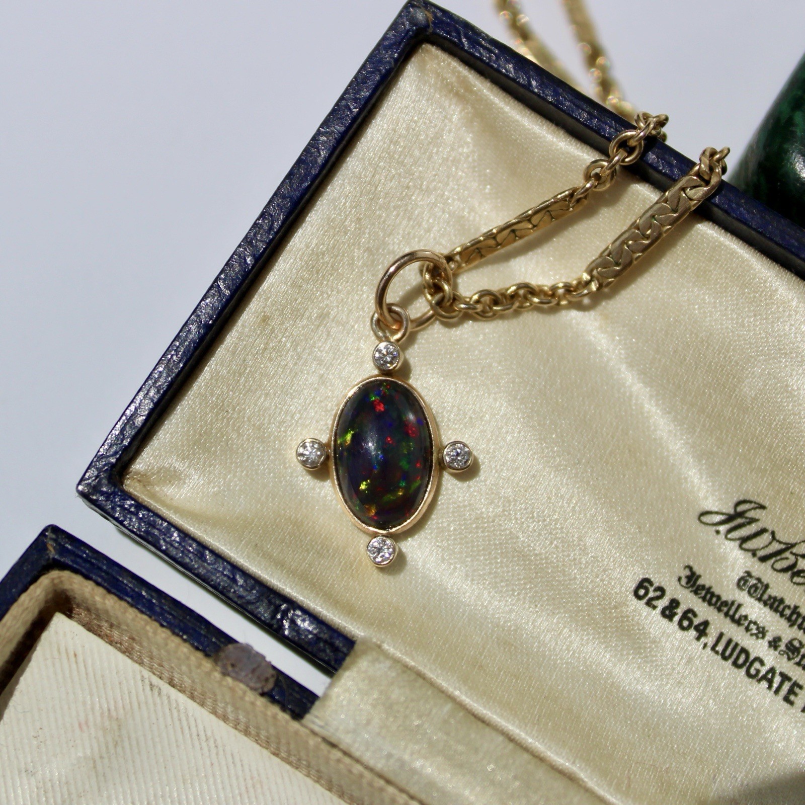 Black Opal Cabochon & Diamond Pendant, 2.12 Carats 14K Gold