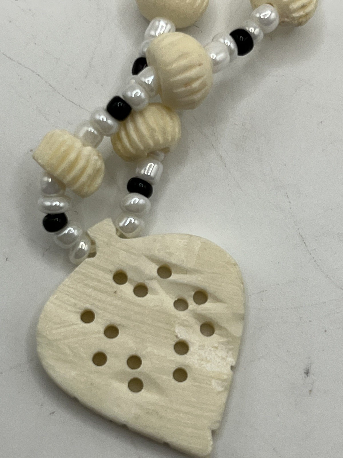 Carved Pendant Black and White Beaded Necklace 20”