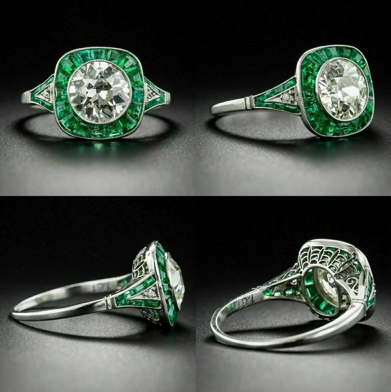 Art Deco Style Lab Created Diamond & Emerald Engagement 14k White Gold FN Ring