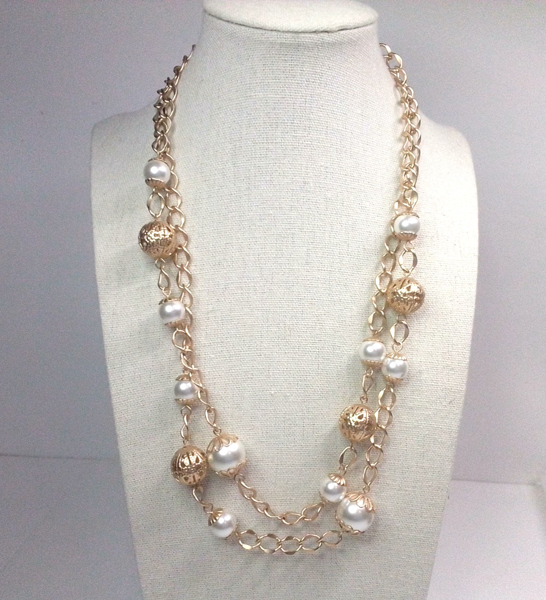 Long Necklace Rose Gold Tone Filigree Metal & Faux Pearl Beads 40″ Adjustable