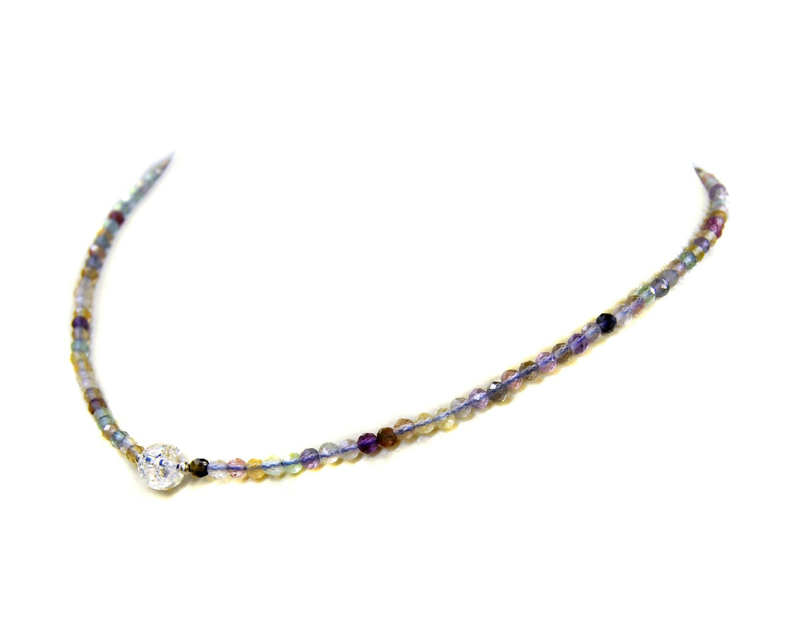 Gemstone Fluorite Necklace 925 Silver Faceted Ø-3mm with Rock Crystal Pearl