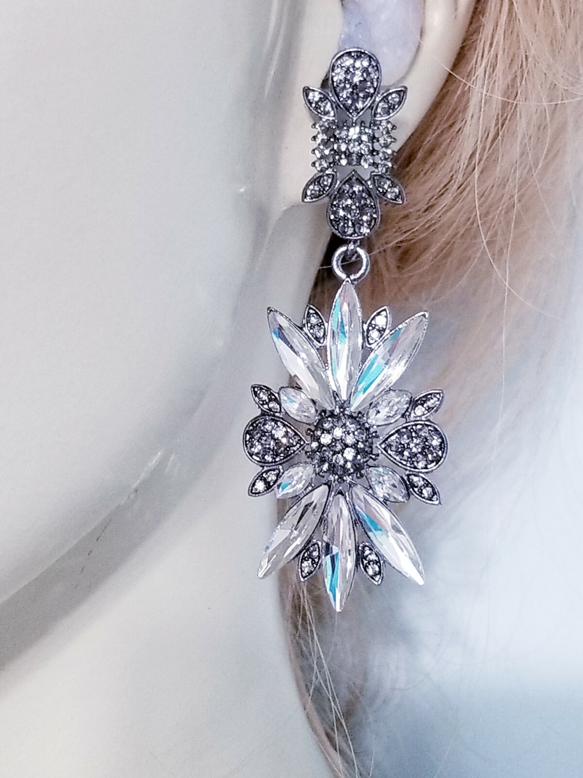 Rhinestone Chandelier Drop Earrings Steampunk Prom Pageant Jewelry 2.8 in Gray