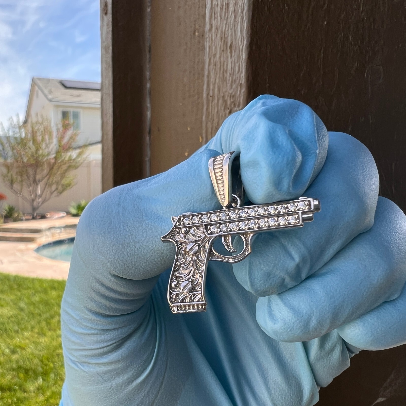 Real Solid 925 Sterling Silver Gun Pistol Scrollwork Engraving Iced CZ Pendant