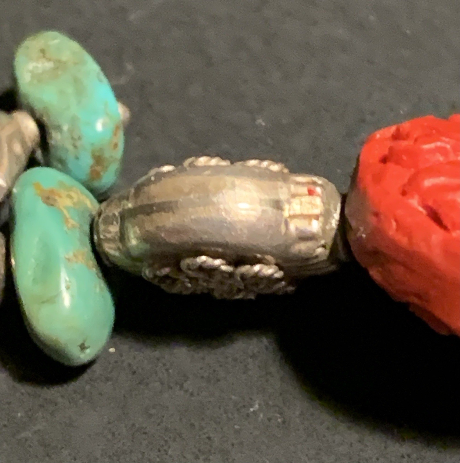 Turquoise & Carved Coral or Red Colored Bead Bracelet