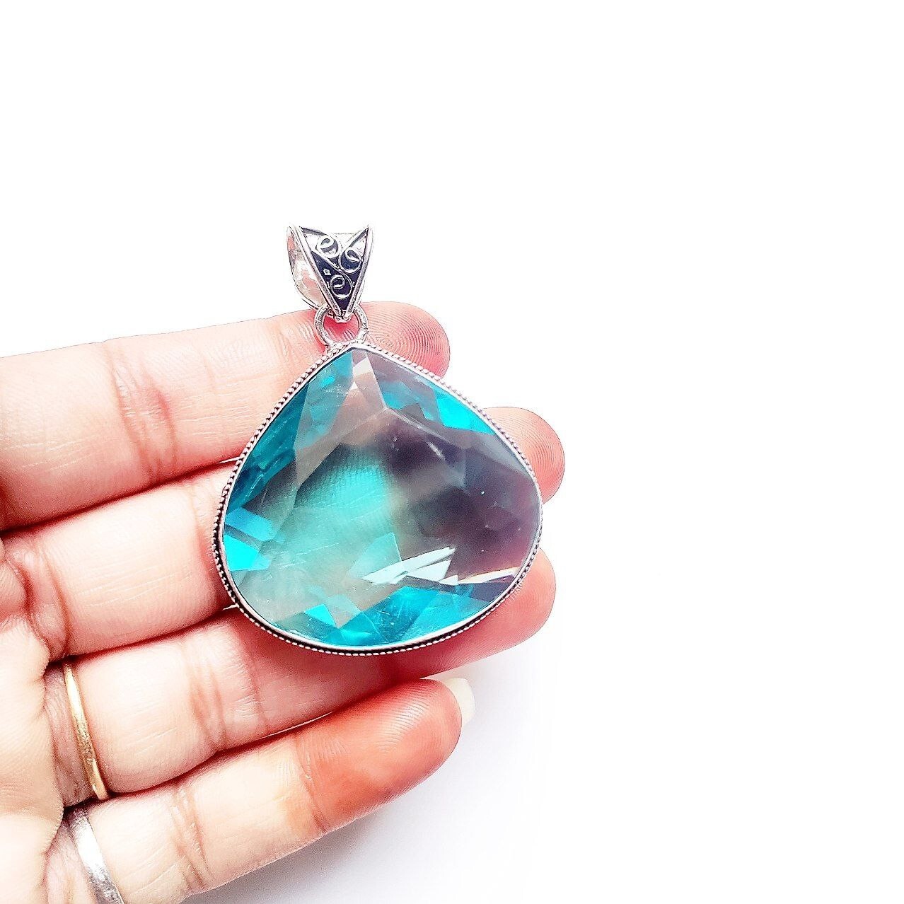 Swiss Blue Topaz Gemstone 925 Sterling Silver Handmade Jewelry Pendant 1.8″