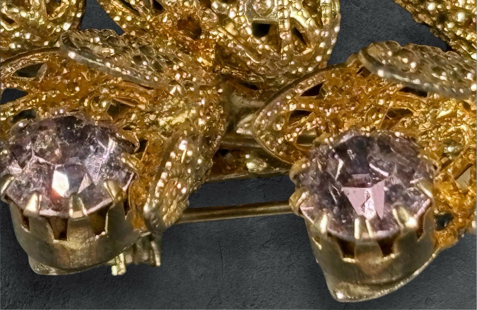 Vintage Gold Tone Filigree Flower Brooch Lavender Rhinestone Pin Unsigned