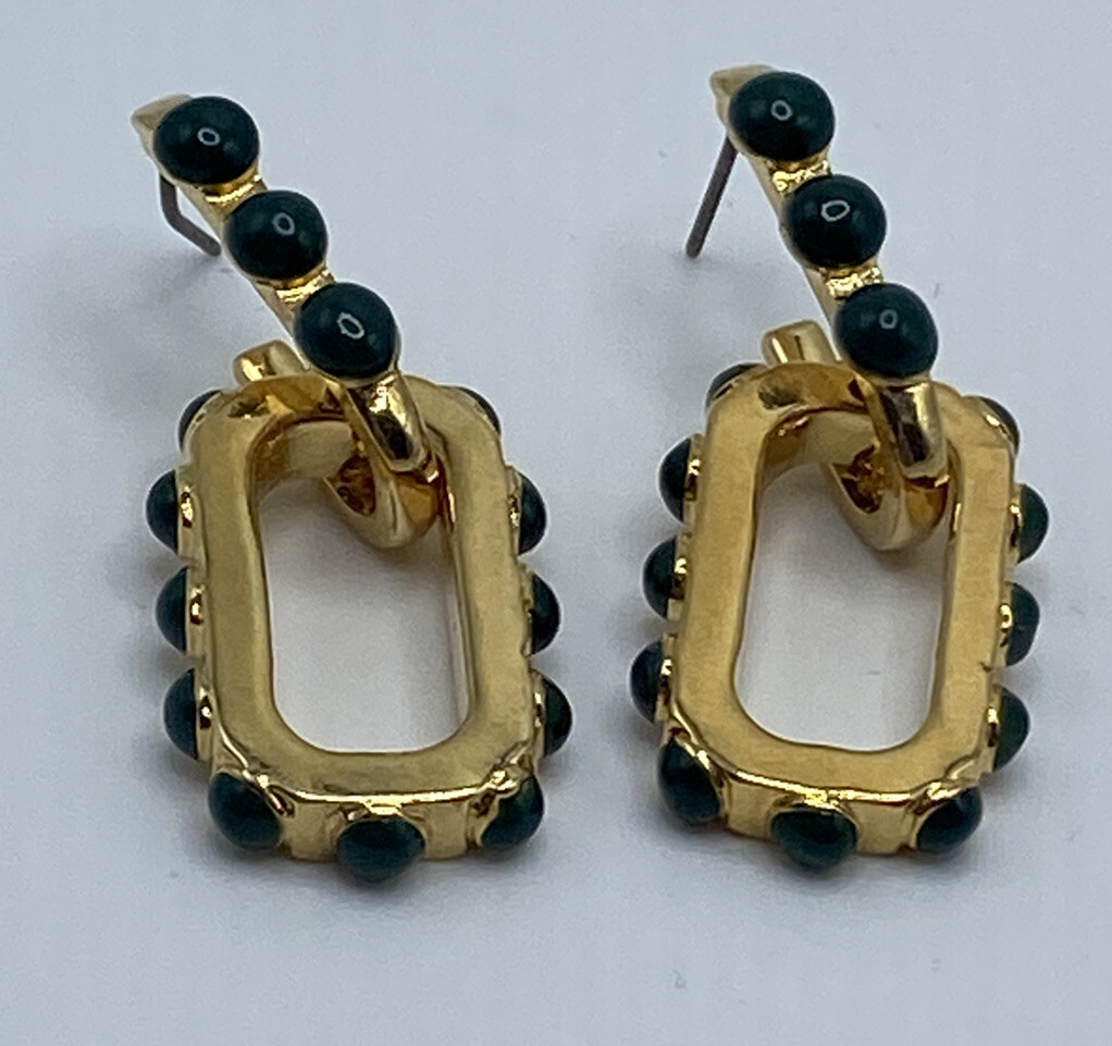 Gold Tone Double Link Chunky Rectangle Drop Earrings Green Stones 80s Statement