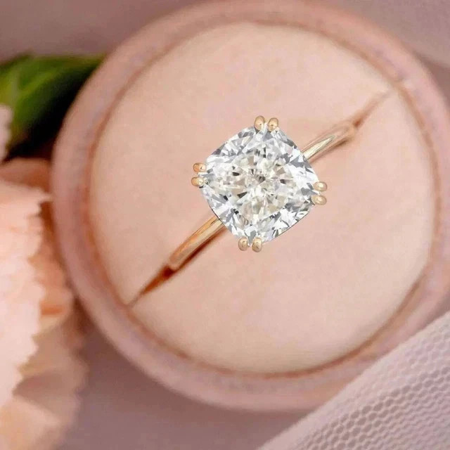 3CT Cushion-Cut VVS1 Moissanite Solitaire Engagement Ring 14k Yellow Gold Plated