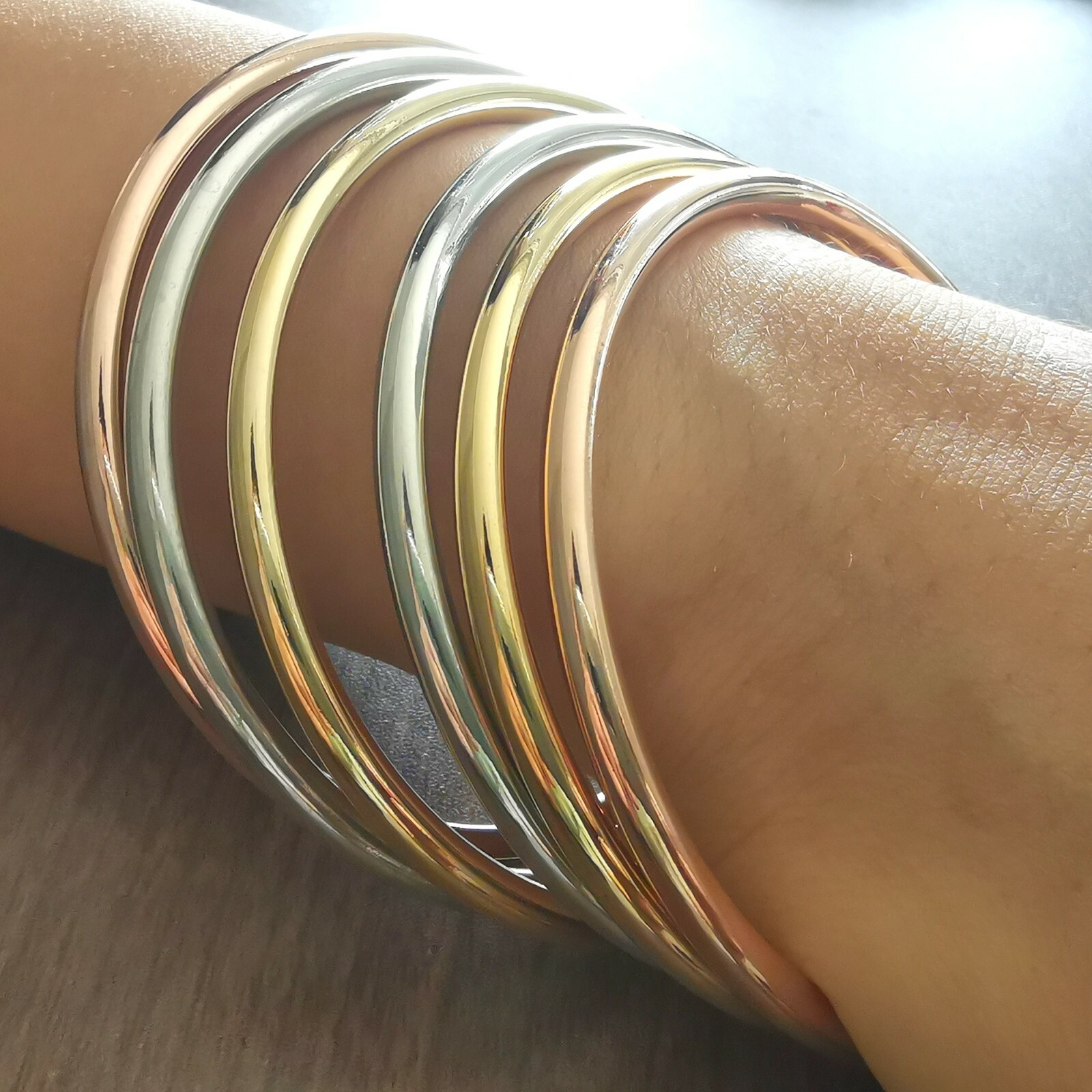 6pcs/Set Fashion Womens 68mm Stainless Steel Multi-tone 4mmCharm Bangle Bracelet