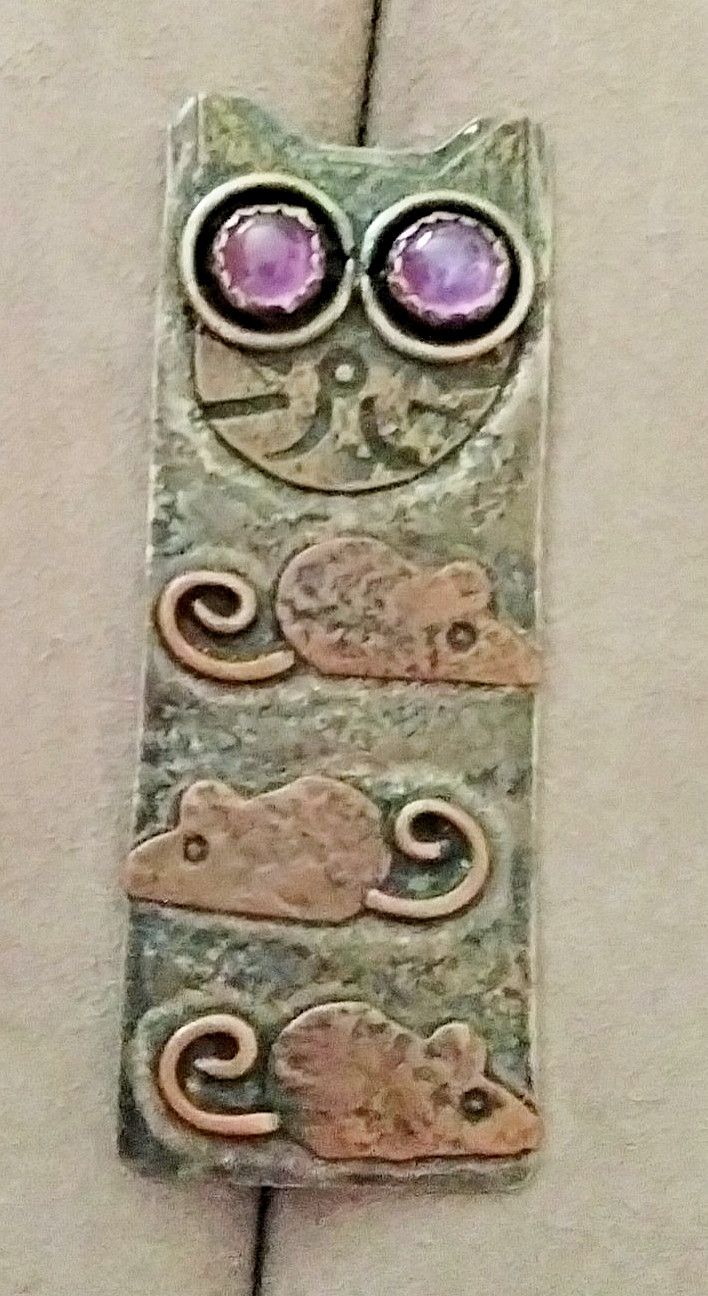 Catherine McElroy Sterling Silver/Copper Cat + Mouse Brooch (116 – 1955)