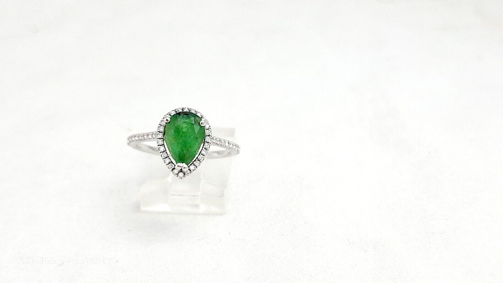 2.38Ct Genuine Mined Pear Emerald & Diamond Ring In Solid 14K White Gold
