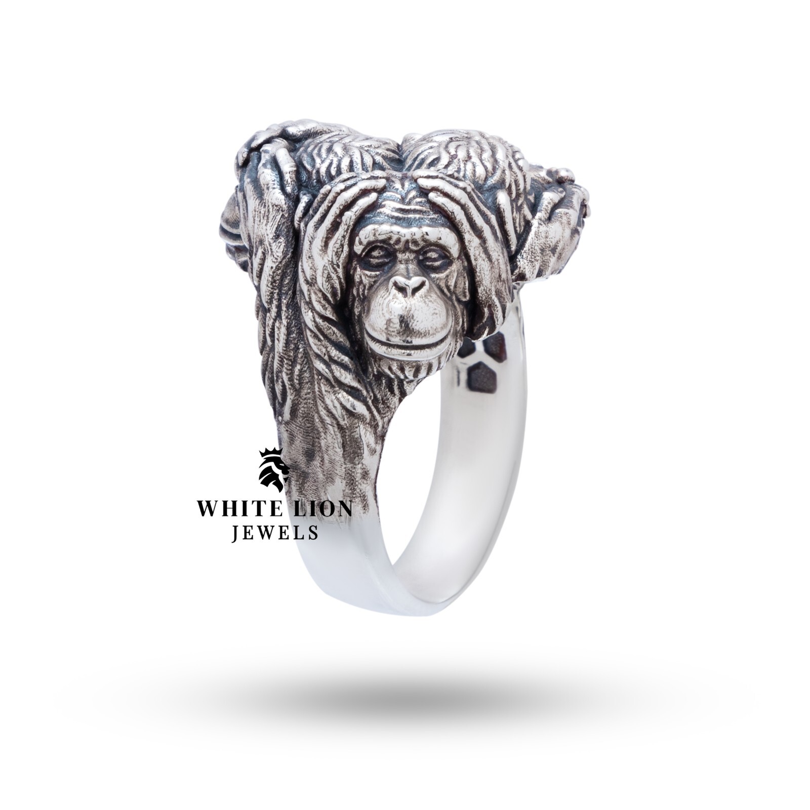 Three Wise Monkeys No Evil Speak Hear See 925 Silver Oxidized Men Biker Ring
