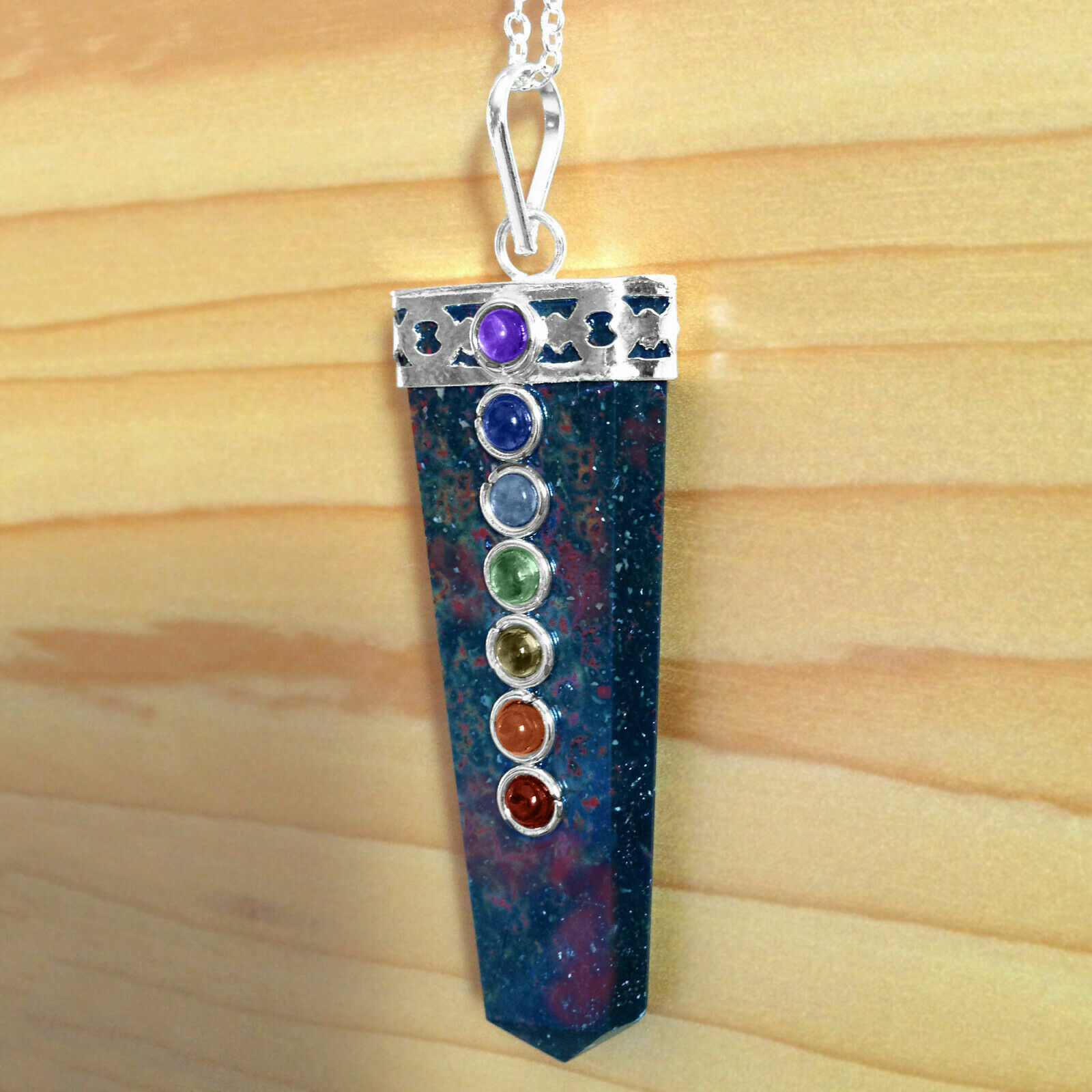 CHARGED Bloodstone Jasper Chakra Pendant LARGE Crystal Sterling Silver Necklace