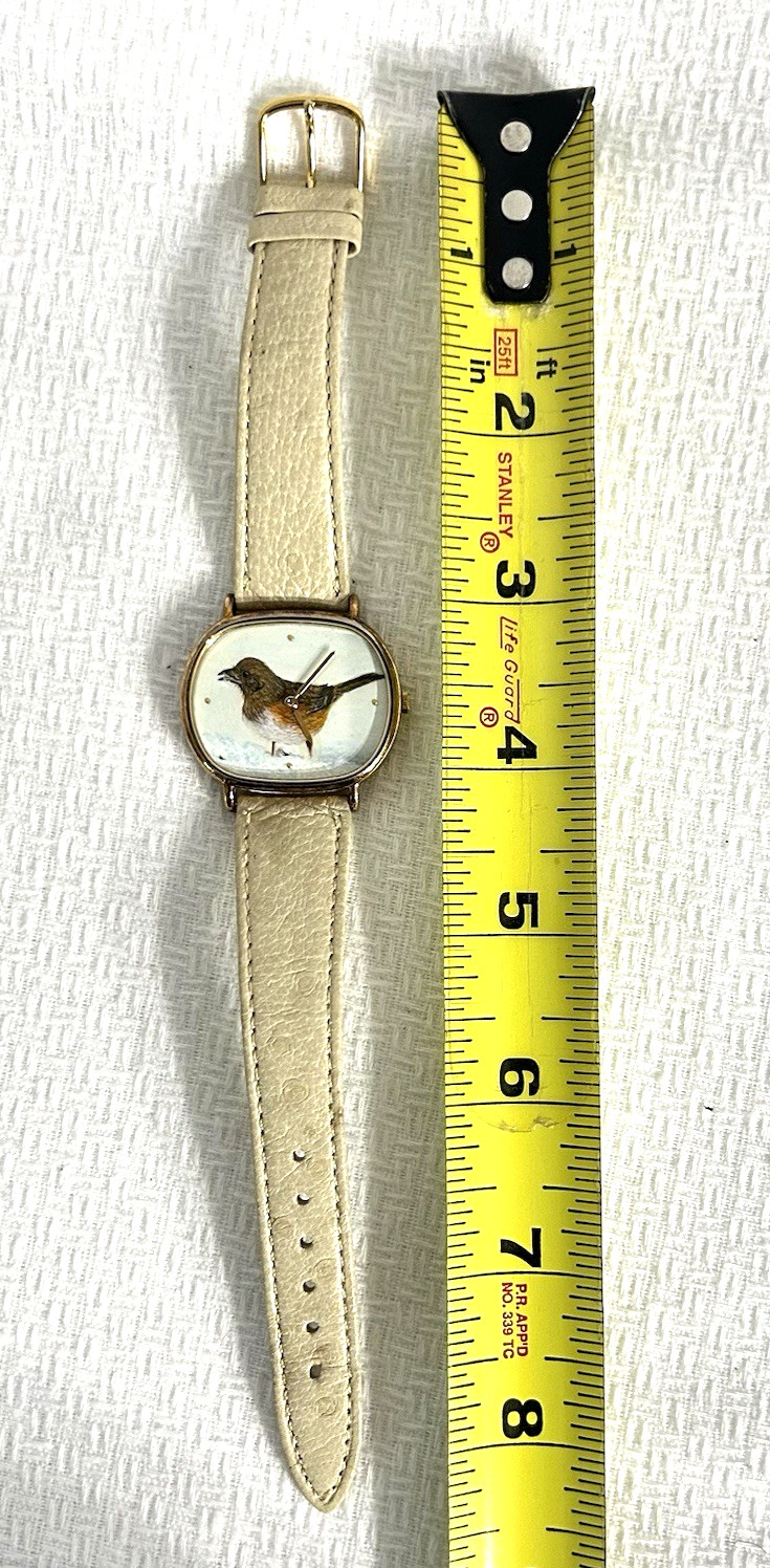 VTG Watch Hand Painted Robin Bird in Snow Artwork Dial Beige Leather New Battery