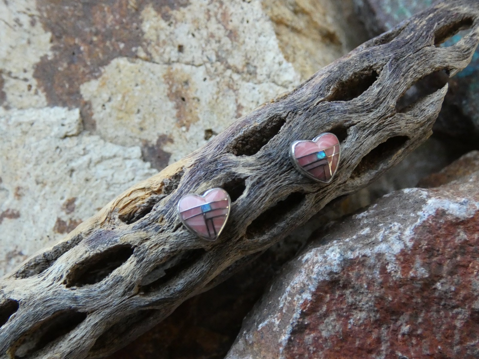 Pink Conch Shell & Opal Sterling Silver Gemstone Heart Small Post Earrings BF24