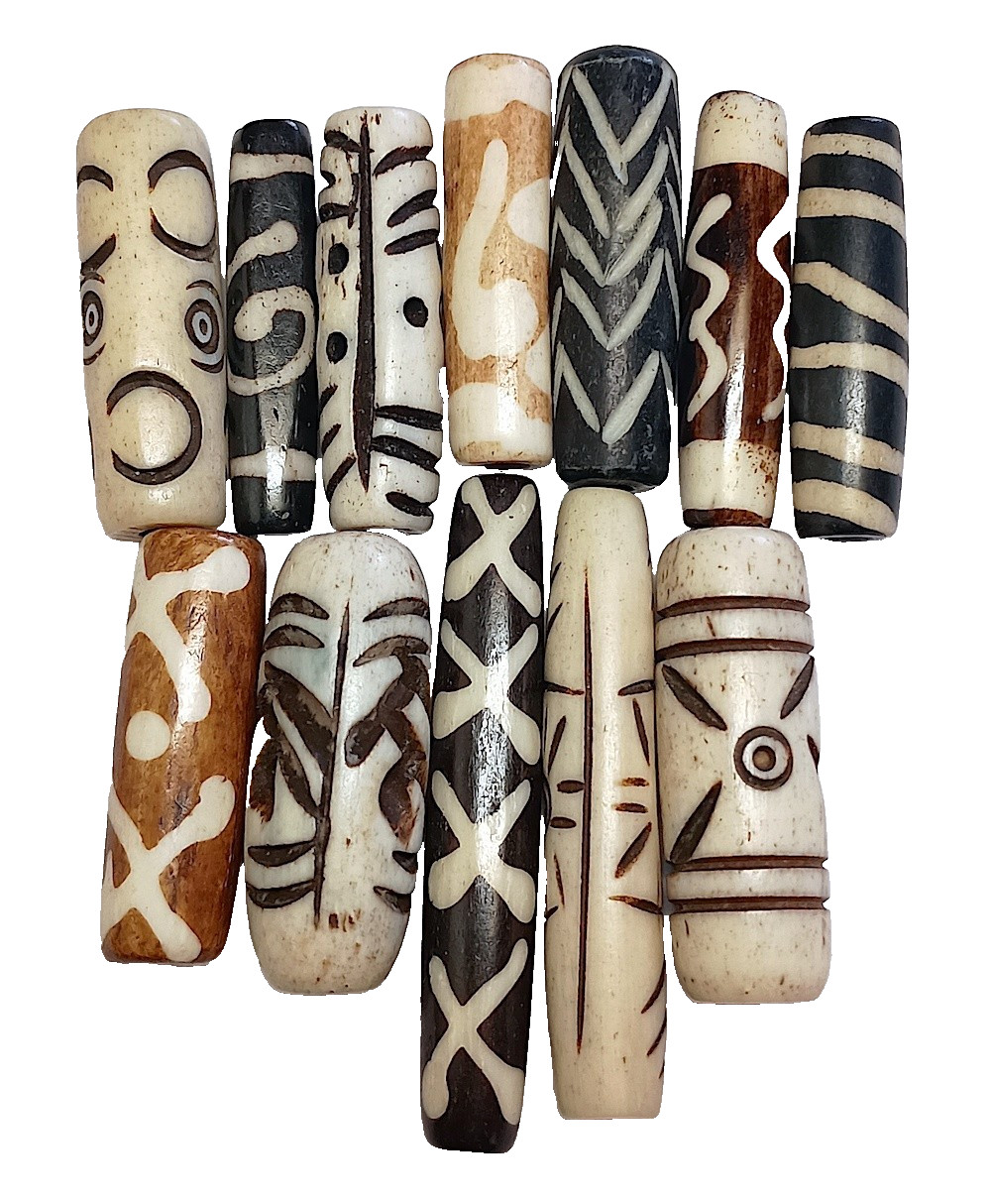 Buffalo Bone Beads, Asst, 12 Pcs, 1 Inch Avg, Black, Brown, White, 2.5 mm Holes