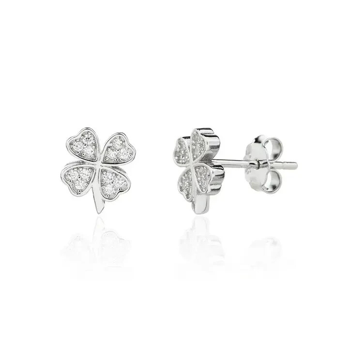 9ct White Gold on Silver Zircon Four-Leaf Clover Round Stud Earrings & Gift box