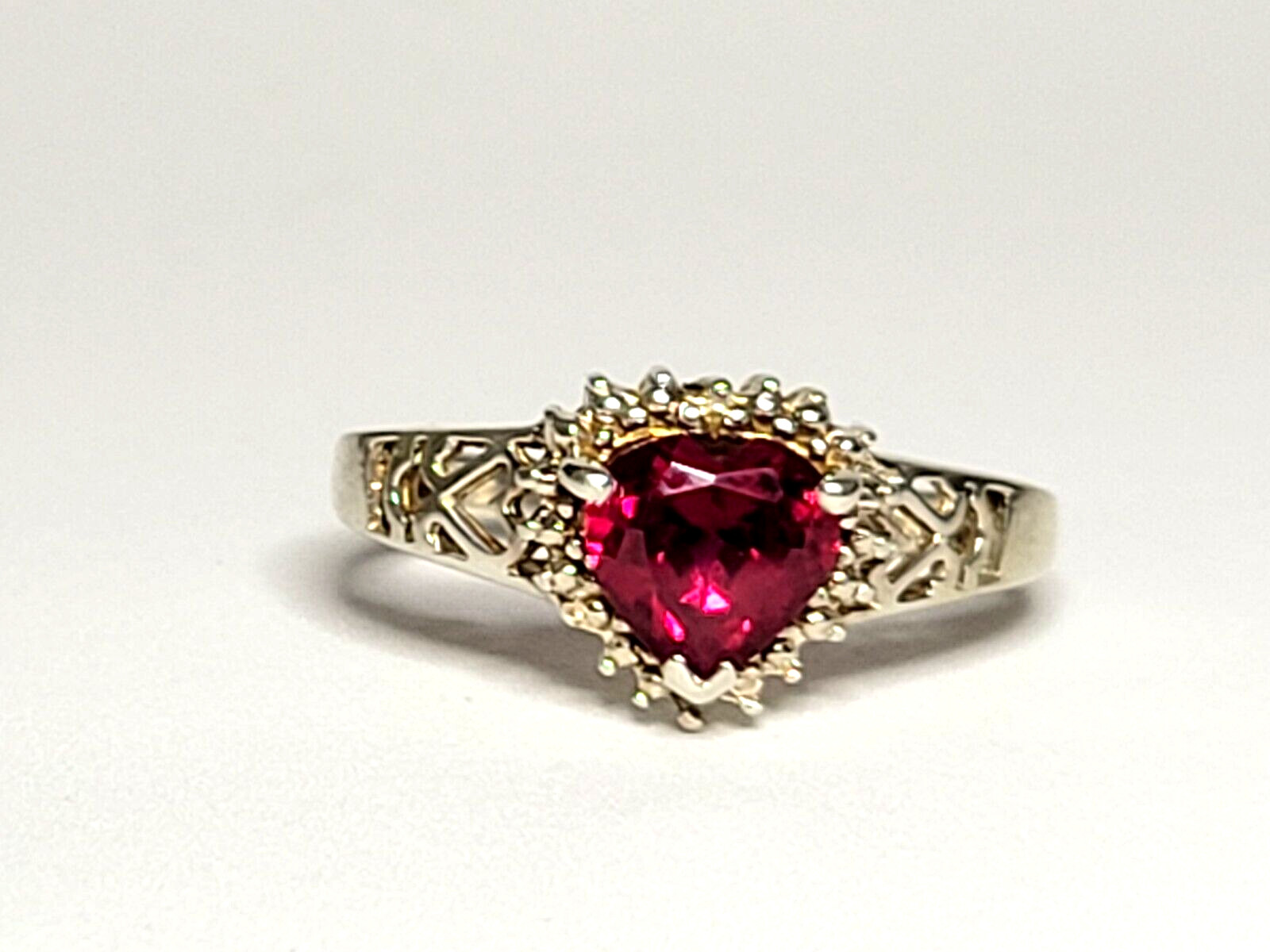 Sterling Silver (.925) Lab Created Ruby Heart & Diamond Accent Ring, Size 7, JJT