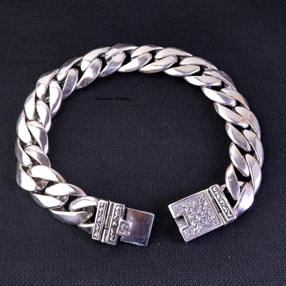 Solid S925 Sterling Silver Chain 13.5mm Cuban Curb Link Bracelet 60-61g 8.46inch
