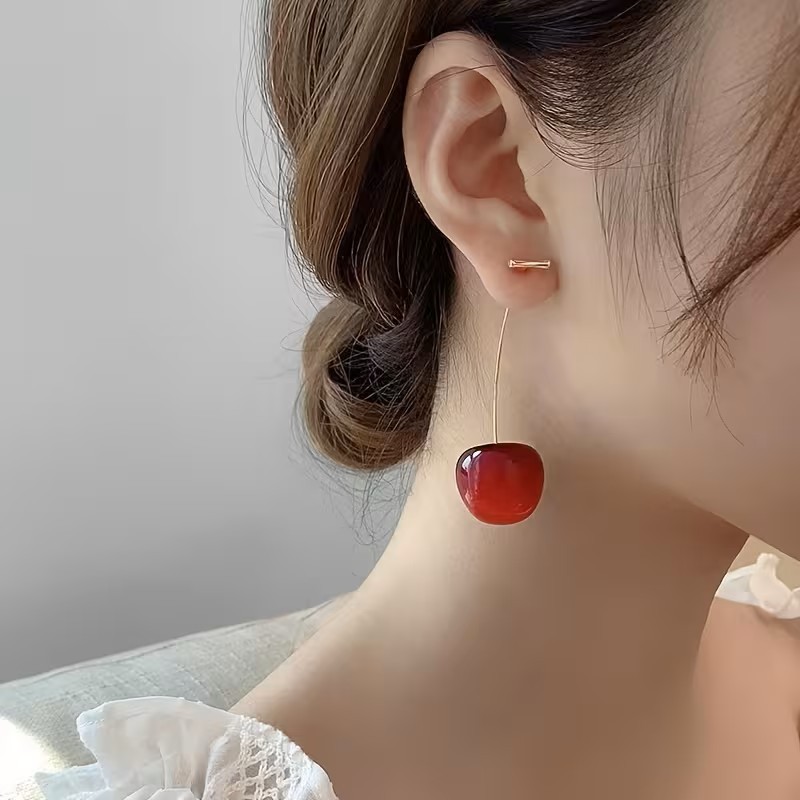 Sweet Red Cherry Dangle Earrings Cute Fruit Drop Statement Fashion Jewelry
