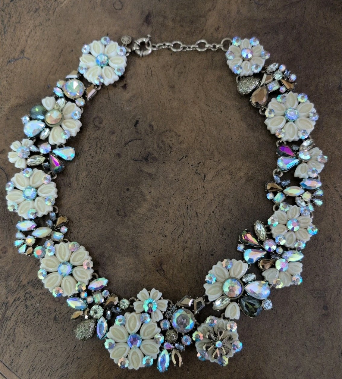 J CREW BEIGE BRONZE FLORAL COSMOS CLUSTER CRYSTAL STATEMENT BIB NECKLACE