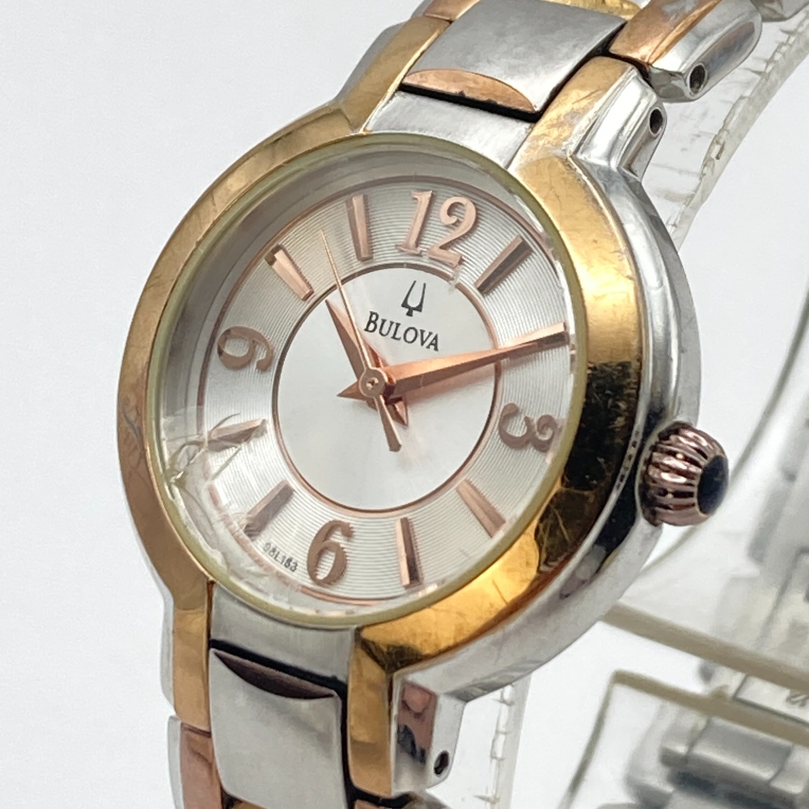 Bulova Women’s Watch Silver Rose Gold Tone FLAWED CRYSTAL 98L153 New Battery 7″