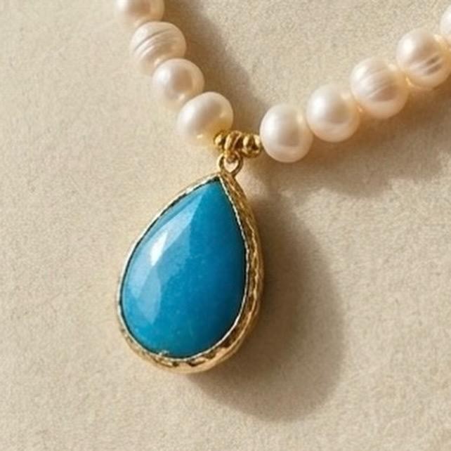 Freshwater Pearl and Blue Amazonite Necklace, Handmade Natural Stone Statement