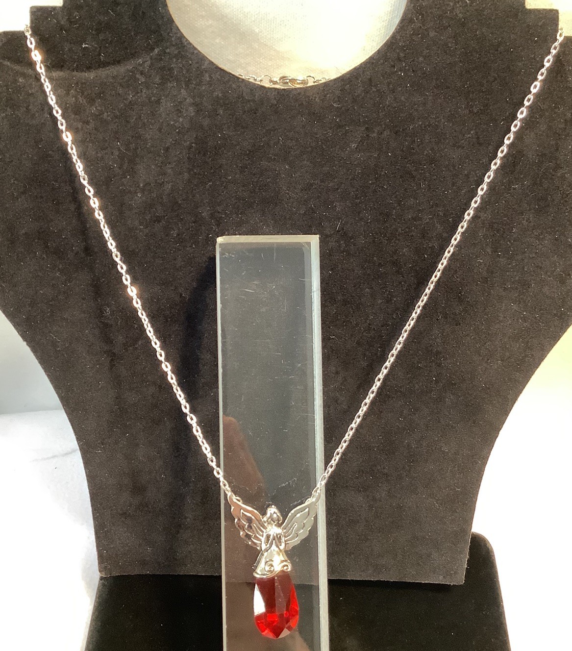 Xanadu Designs Silver Tone Necklace &Praying Angel Pendant Red Swarovski Crystal