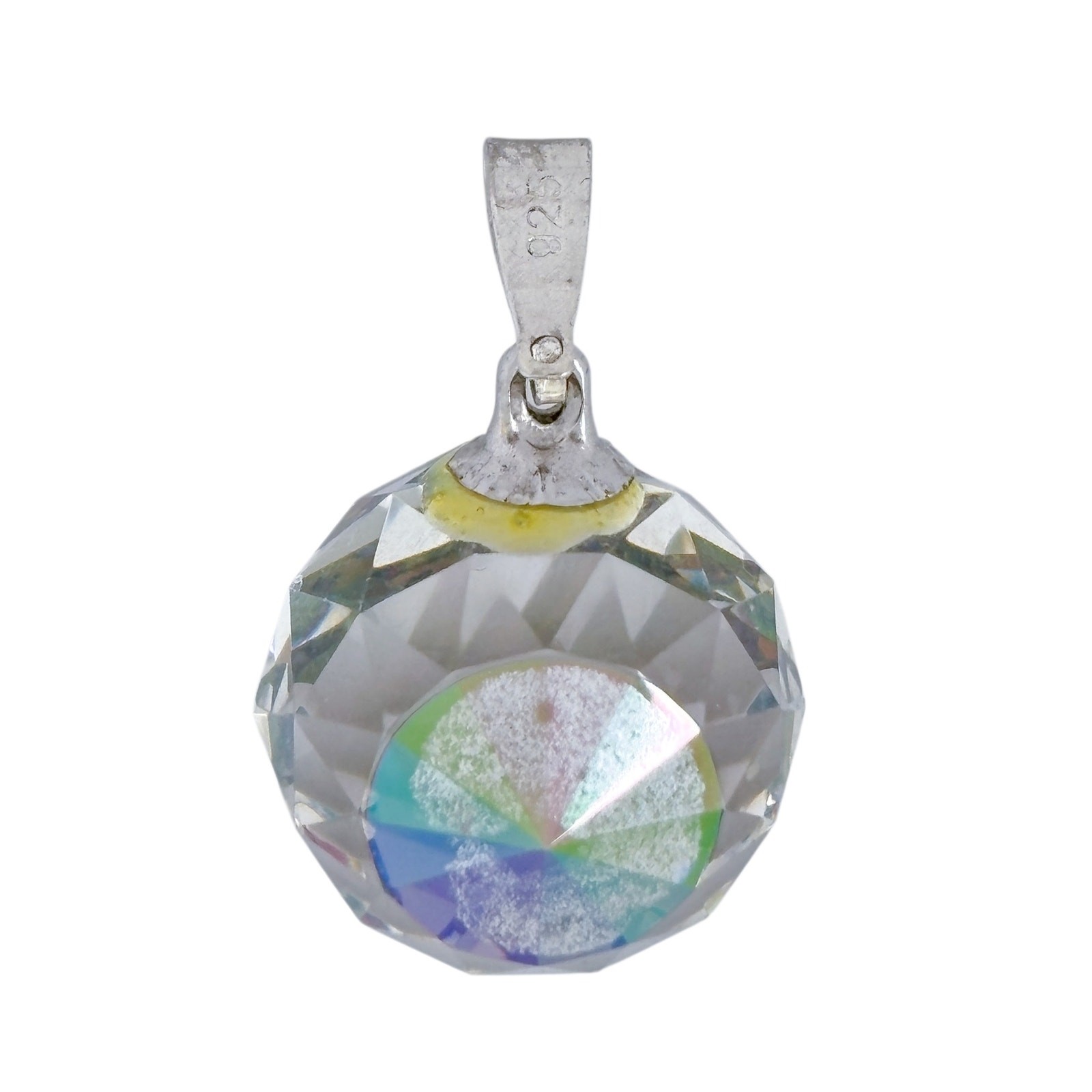Faceted Aurora Borealis Crystal Pendant | Sterling Silver 925 Round Prism Charm