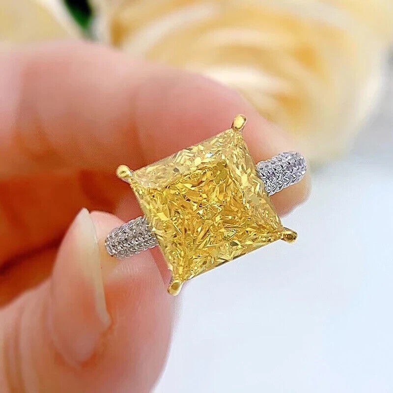 6.40 Ct Certified Princess Cut Natural Yellow Diamond Ring White Gold Finish