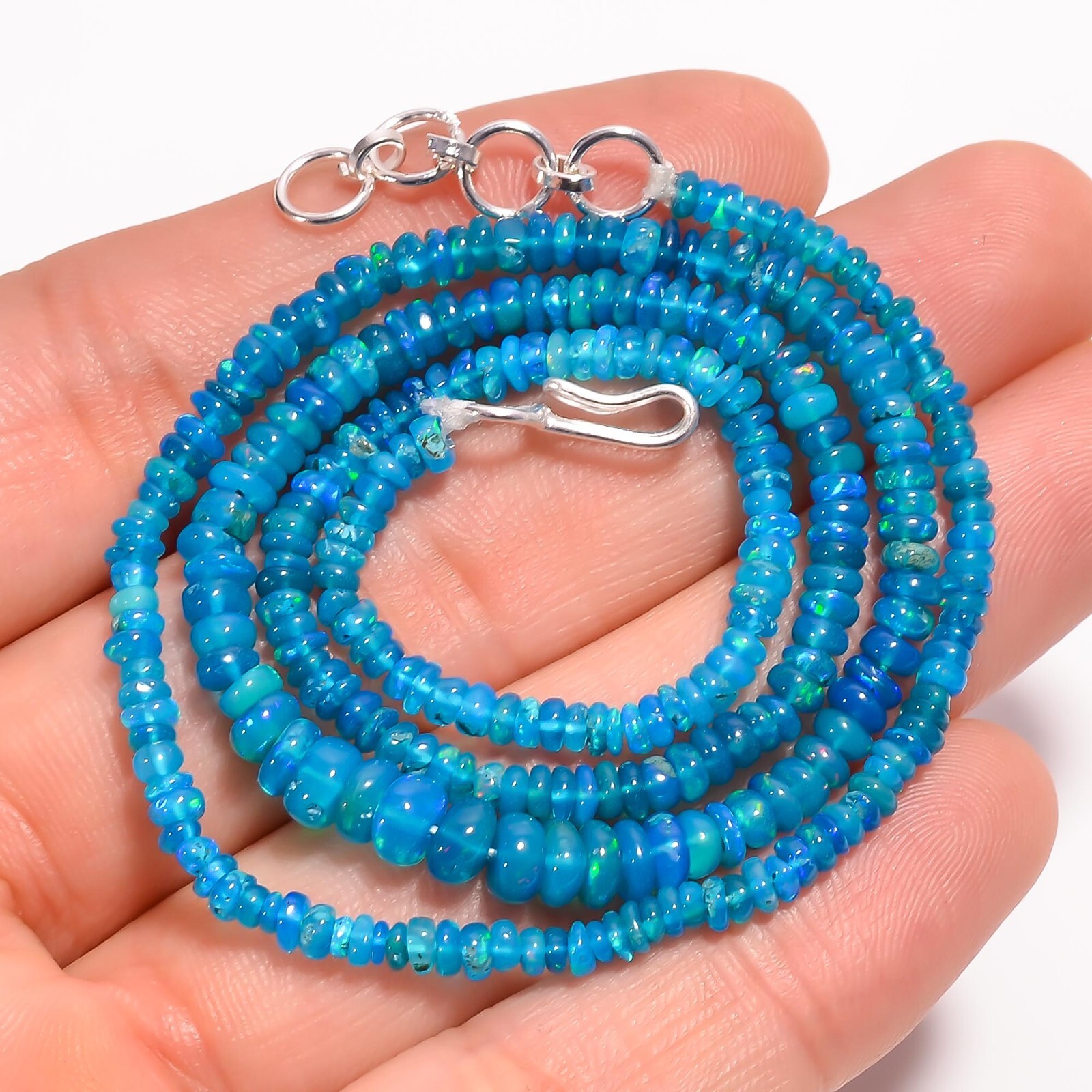 Natural Neon Blue Ethiopian Opal Rondelle Smooth Beads 2X2 5X3mm Necklace 17-18″