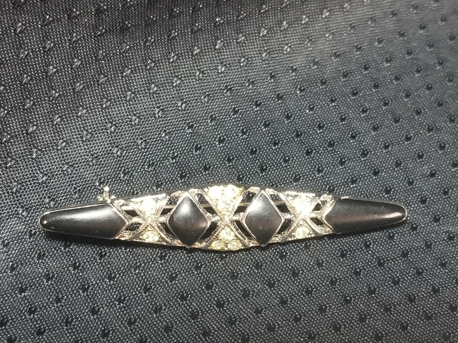 Art Deco Style Faux? Onyx Rhinestone Pin Brooch 2-1/8 in.