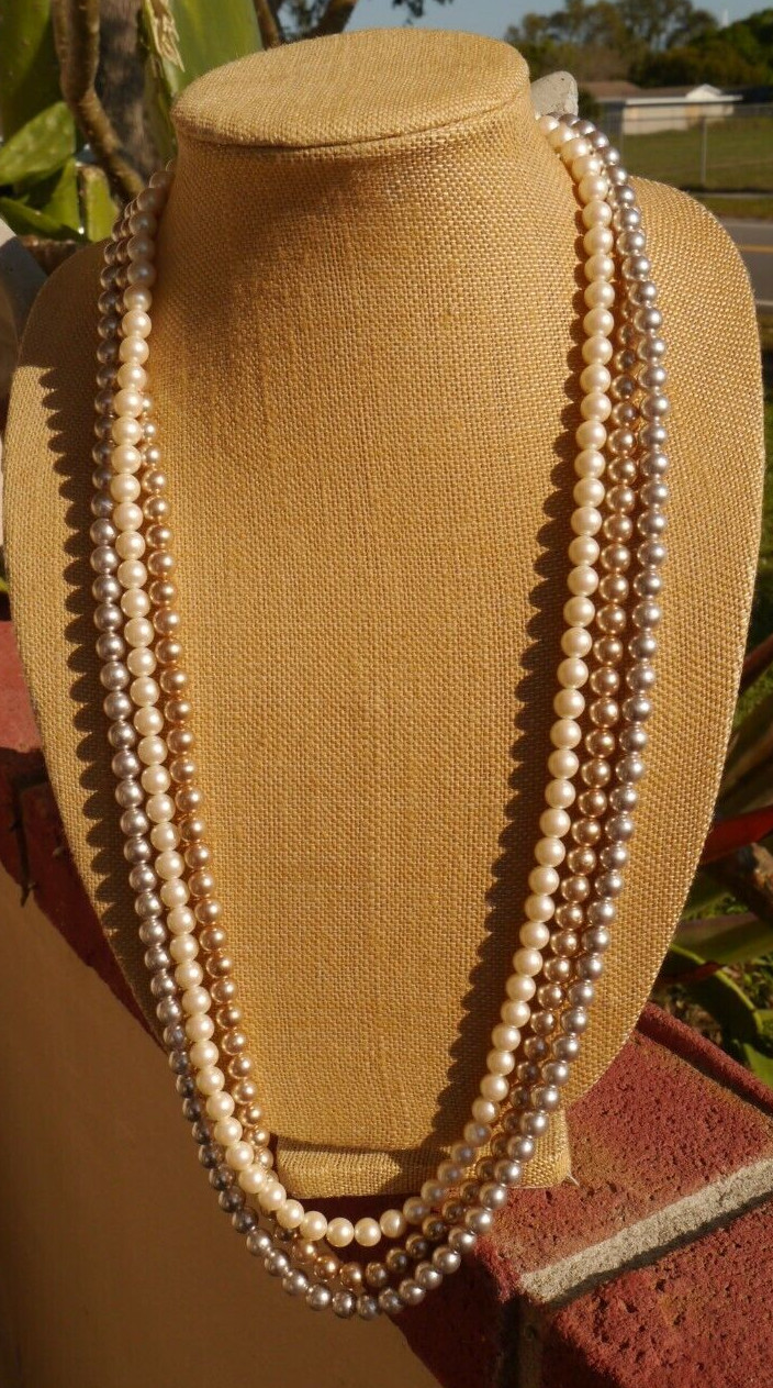 Monet Necklace Faux Pearl Gray Cream Champagne Triple Strand Ornate Box Clasp