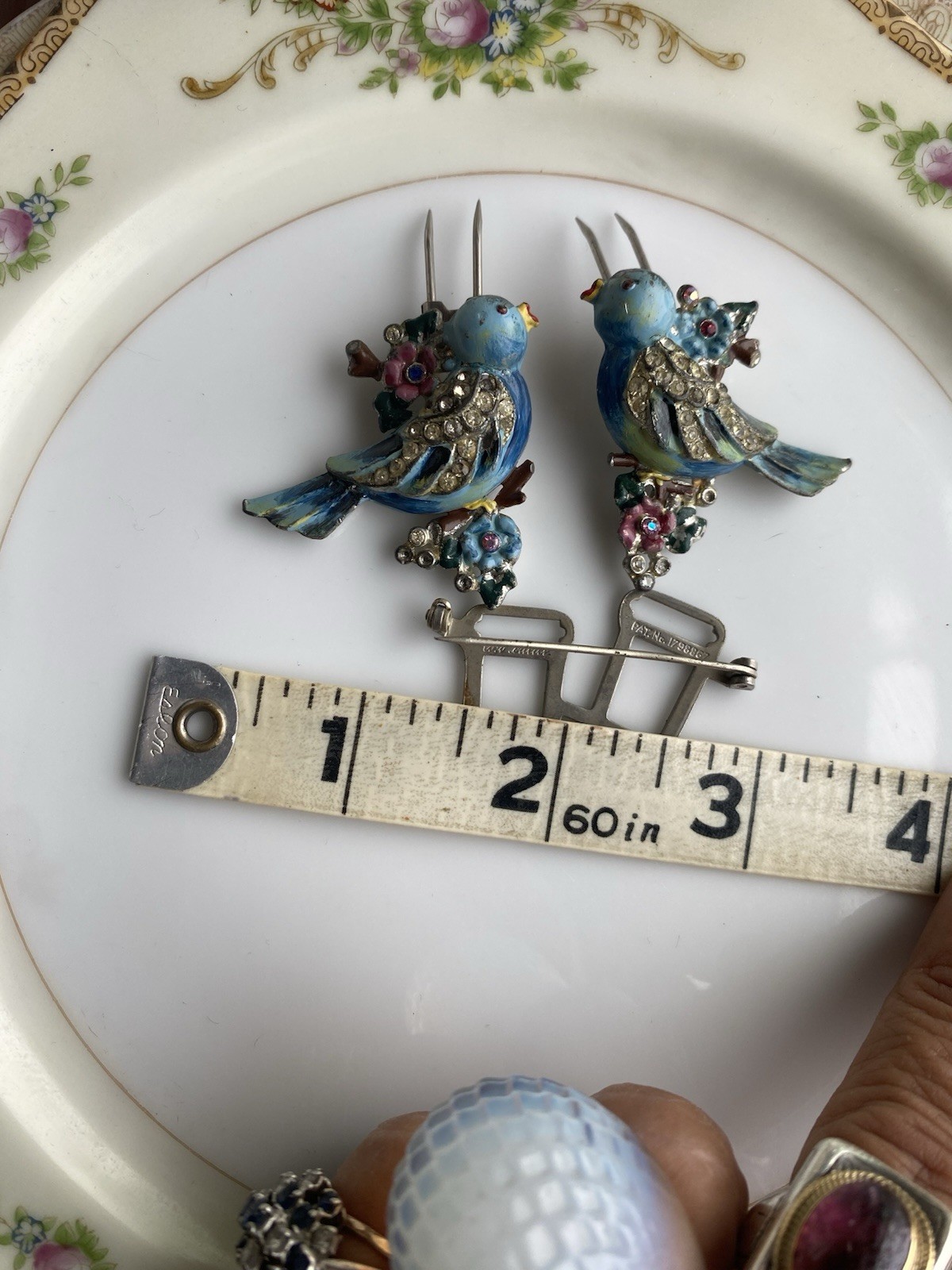 Rare Vintage 40s Coro Duette Enamel Love Birds Fur Clips Rhinestone Pin Brooch