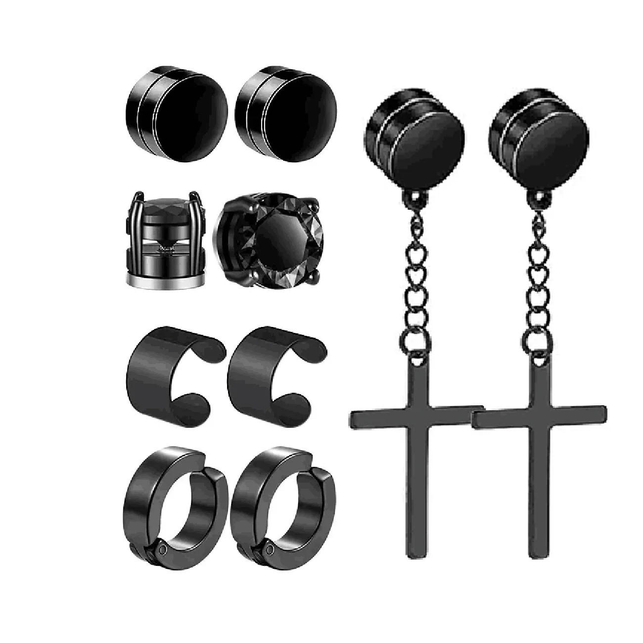10 Pairs Magnetic Earrings Round Zircon Leaf Design Steel No Piercing Men