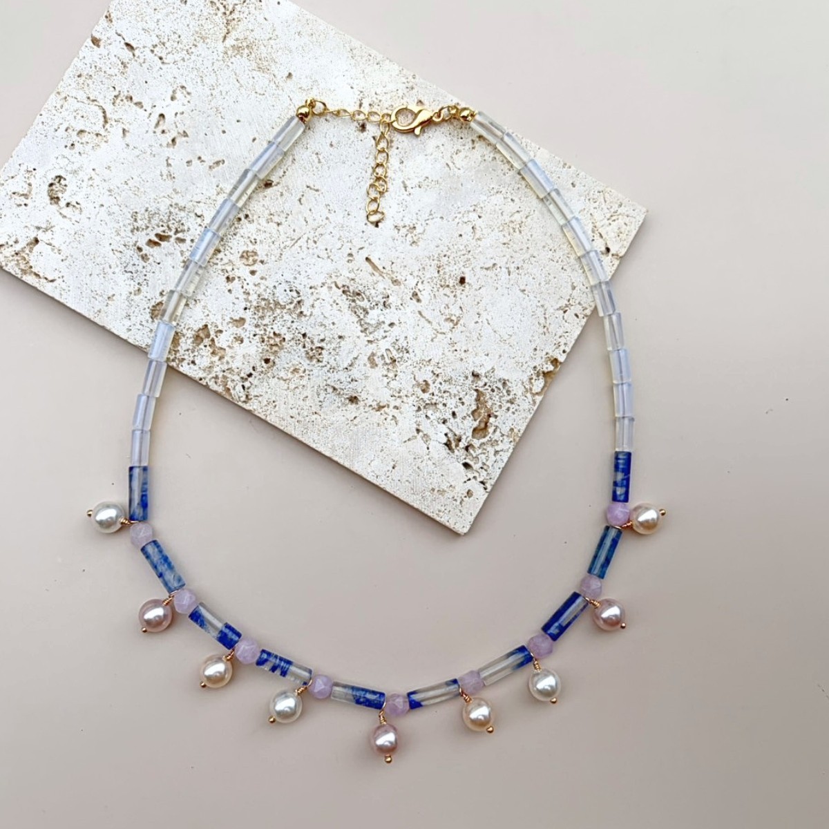 Soft Moon Symphony Necklace | Blue Crystal Quartz Necklace | Pearl Beaded Neckla