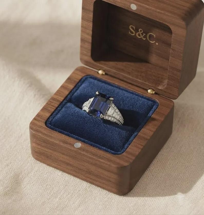 Art Deco Blue Sapphire Emerald Cz Engagement Ring Vintage Wedding Bridal Ring