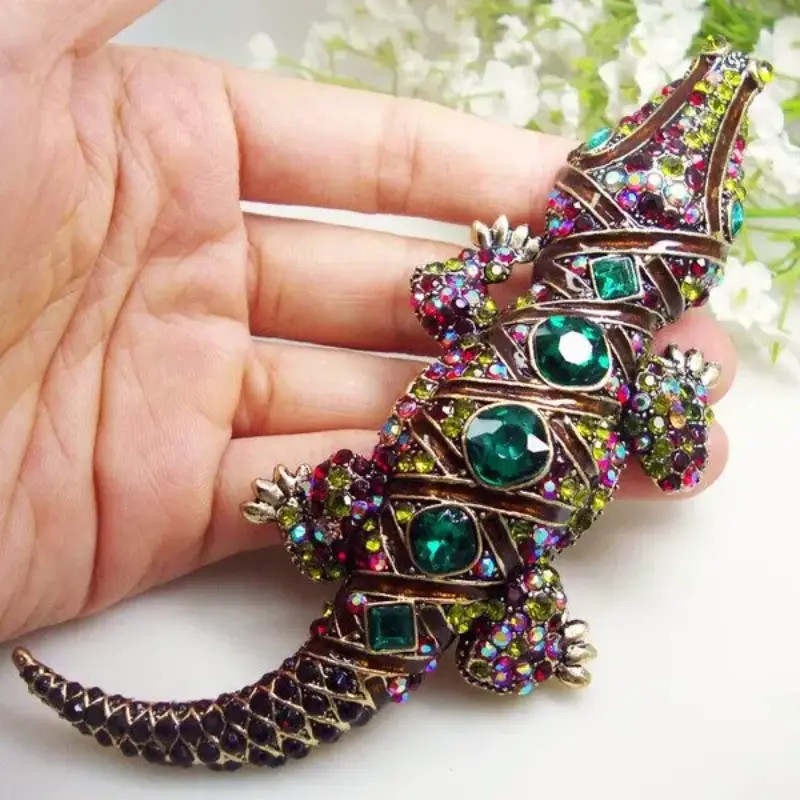 Giant & BEAUTIFUL RHINESTONE & ENAMEL Alligator /Crocodile BROOCH PIN 5.5″ x 2″