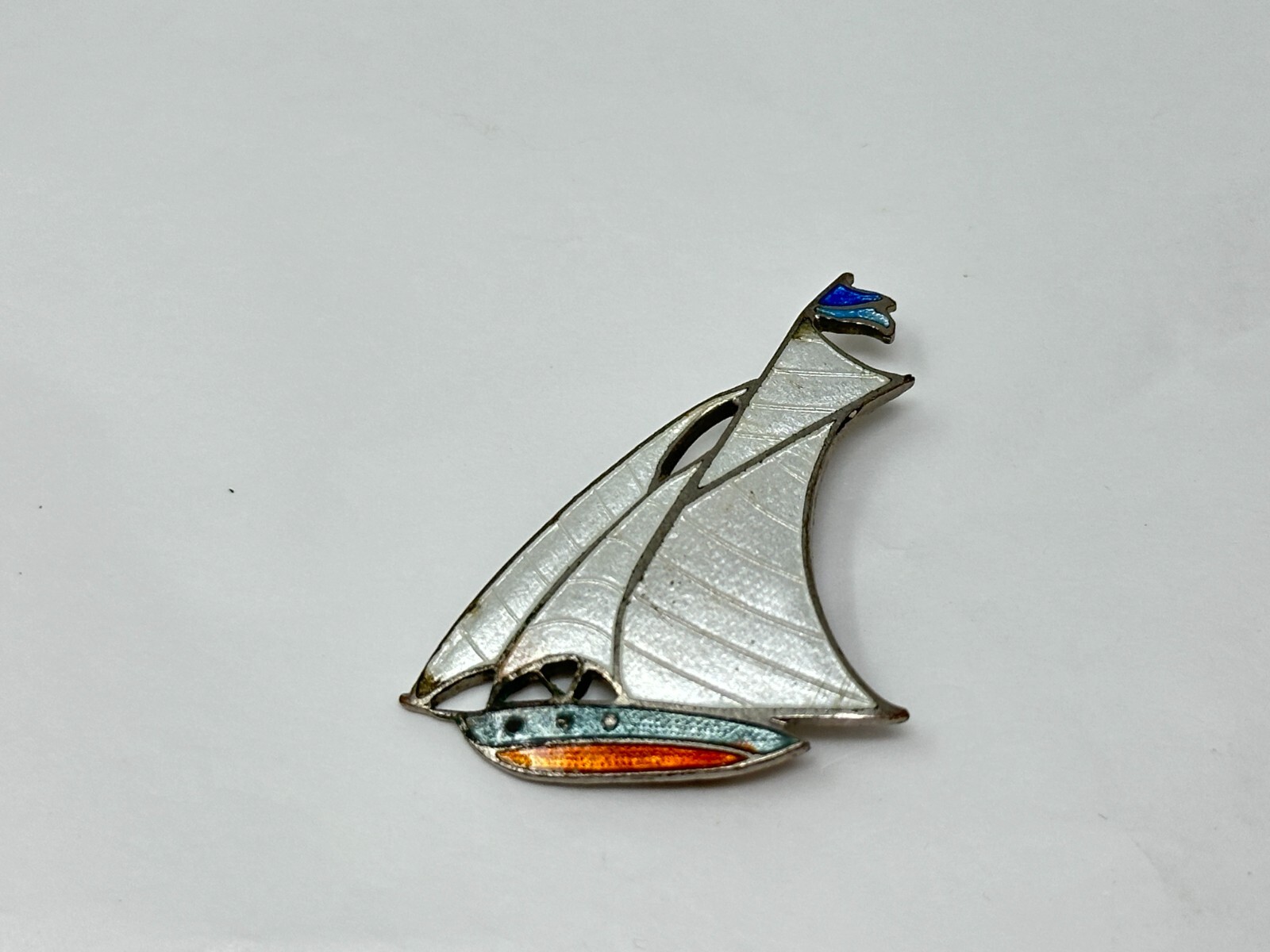 Vintage Silvertone White Orange Blue Enamel Sailboat Boat Pin
