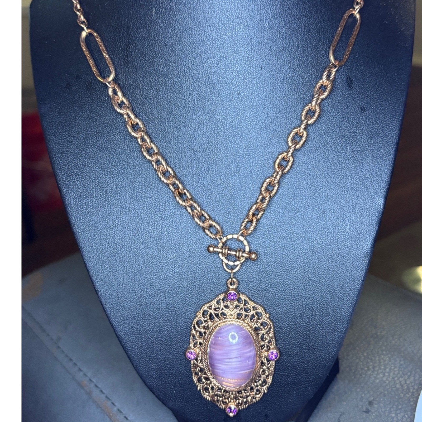 Amethyst Glass Quartz & Amethyst Crystal Filigree Pendant Necklace 30″