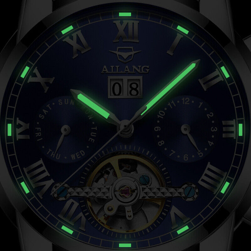 AILANG Men Watch Calendar Tourbillon Steel Waterproof Mechanical Wristwatch