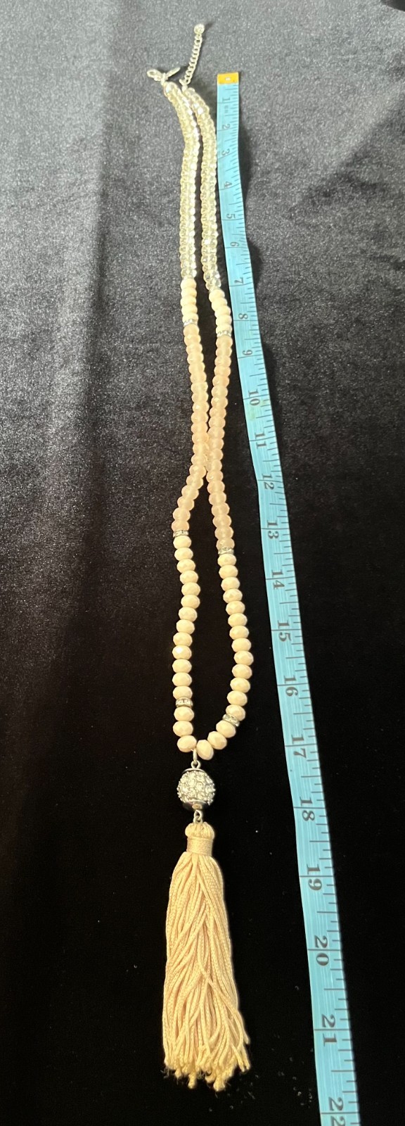 White House Black Market WHBM Long Tassel Necklace Pink Ombre & Crystal Beads