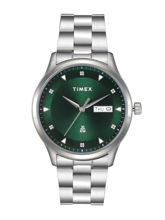 Timex Mens Watch Green Solid Dial Silver Stainless Steel Bracelet Calendar 30M