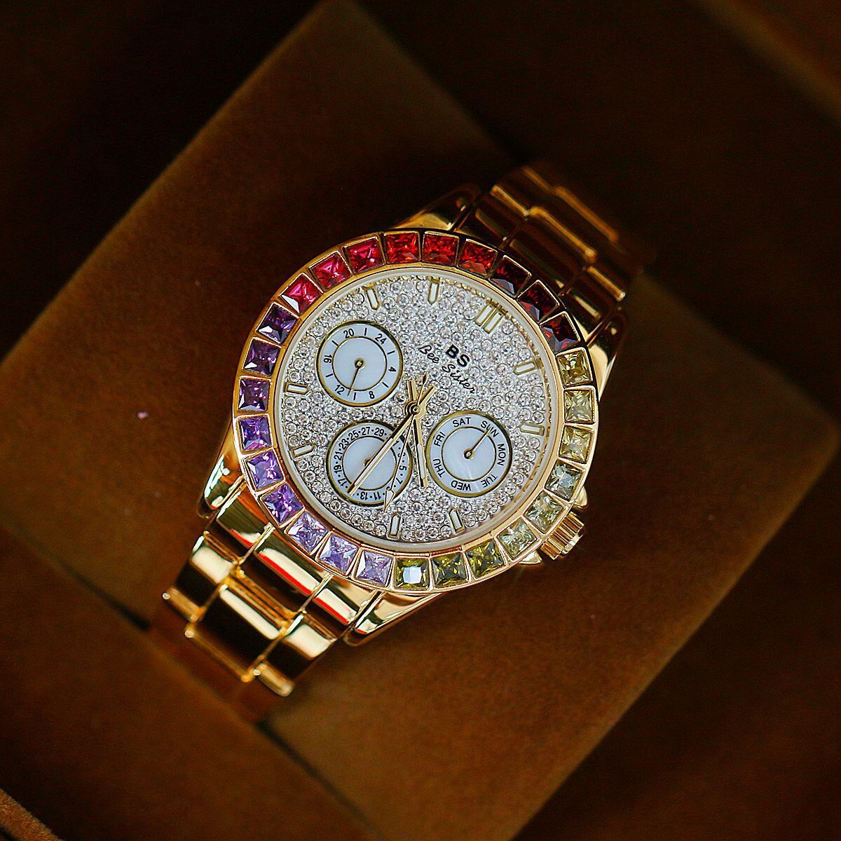 Rainbow Crystal Bezel Women Watch Gold Tone Colored Gems Women’s Wrist Watch