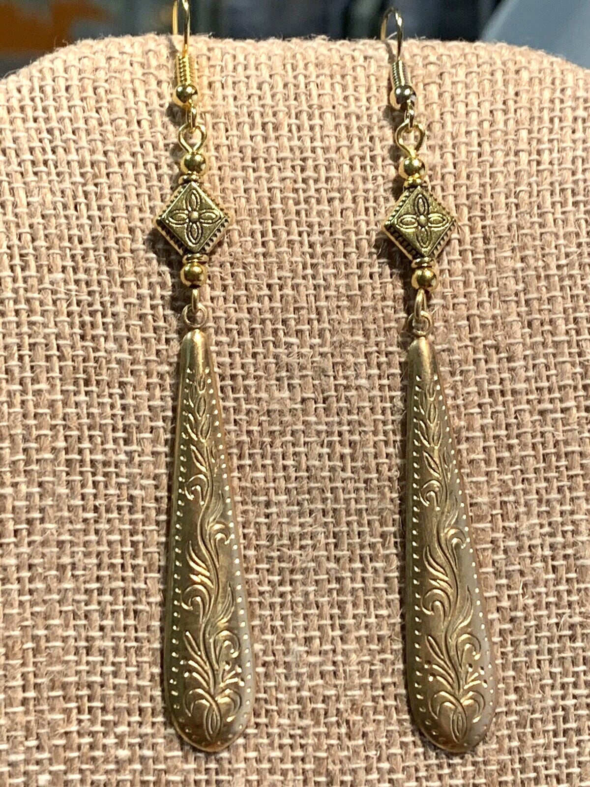 NEW LISTING* HAND-CRAFTED VTG. LARGE ENGRAVED GOLDEN BRASS TAPER DROP EARRINGS