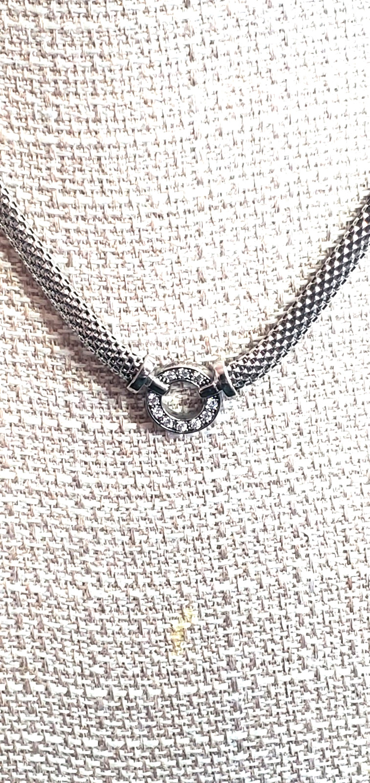 Sterling Silver Mesh Chain Necklace CZ Station Pendant 16 inches Long Made Italy